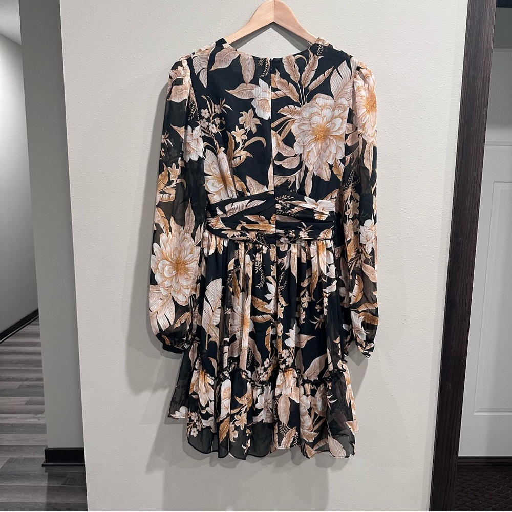 SHEIKE Plunging Neck Sheer Long Sleeve Brown Black Floral Tropical Mini Dress - Picture 6 of 15